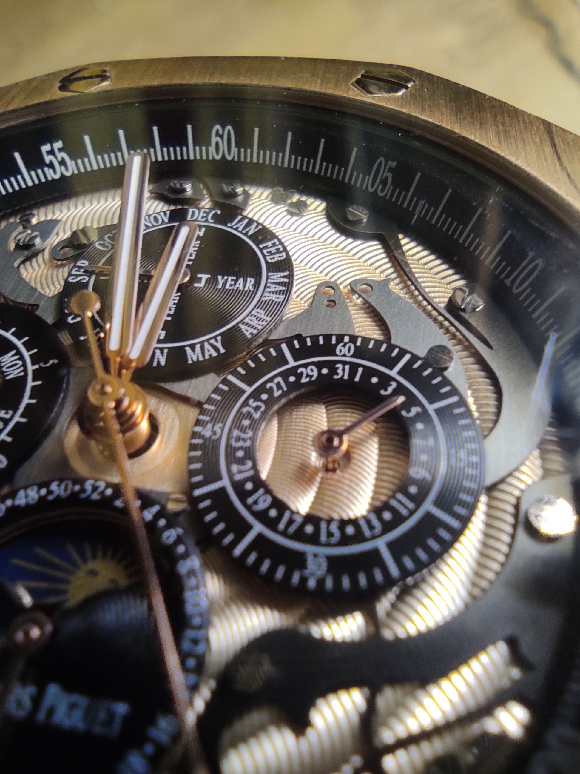 Audemars Piguet Royal Oak dial macro shot — indices and hands in extreme detail